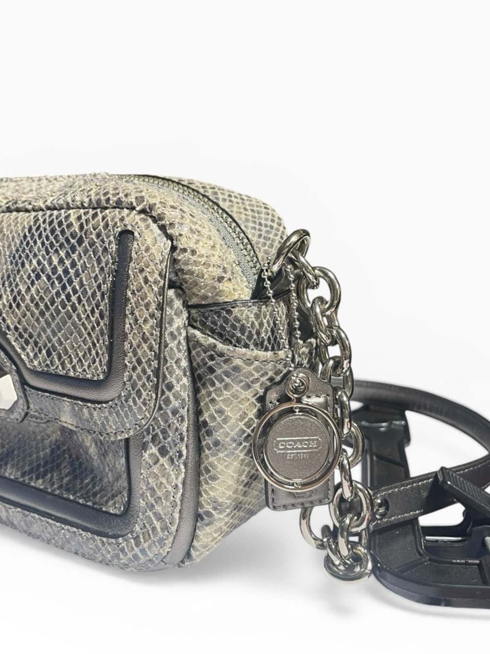 Coach Snakeskin Embossed Leather Shoulder Bag Chain Strap Y2K Mini Flap Grey - Picture 5 of 16